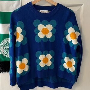 Blue Mod Sweater with Floral Motif